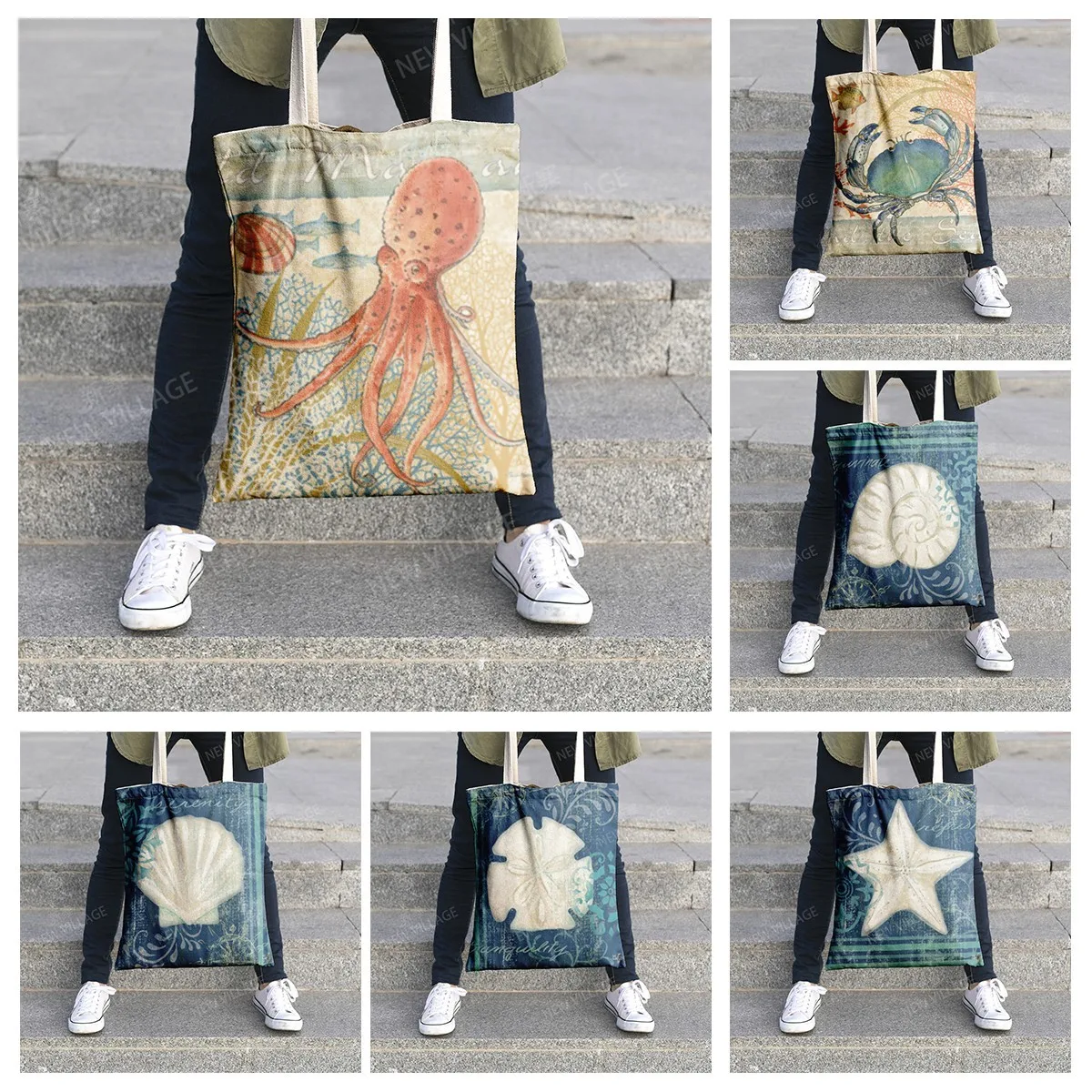 Canvas shoulder bag organization storage handbag cosmetics travel women's bag shopping fabric bag underwater world style