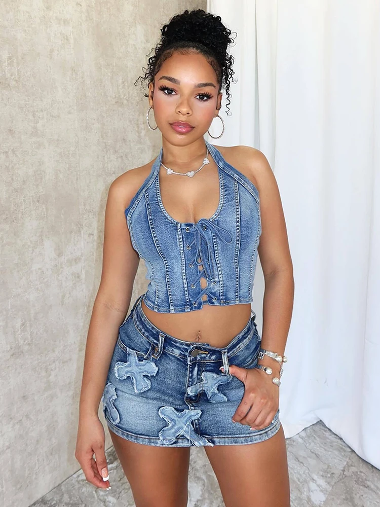 Denim Skirt Sets Women 2 Piece Outfit Sexy Halter Neck Zip Top and Short Skirt Streetwear Ladies Summer Suit Set Elegant Set