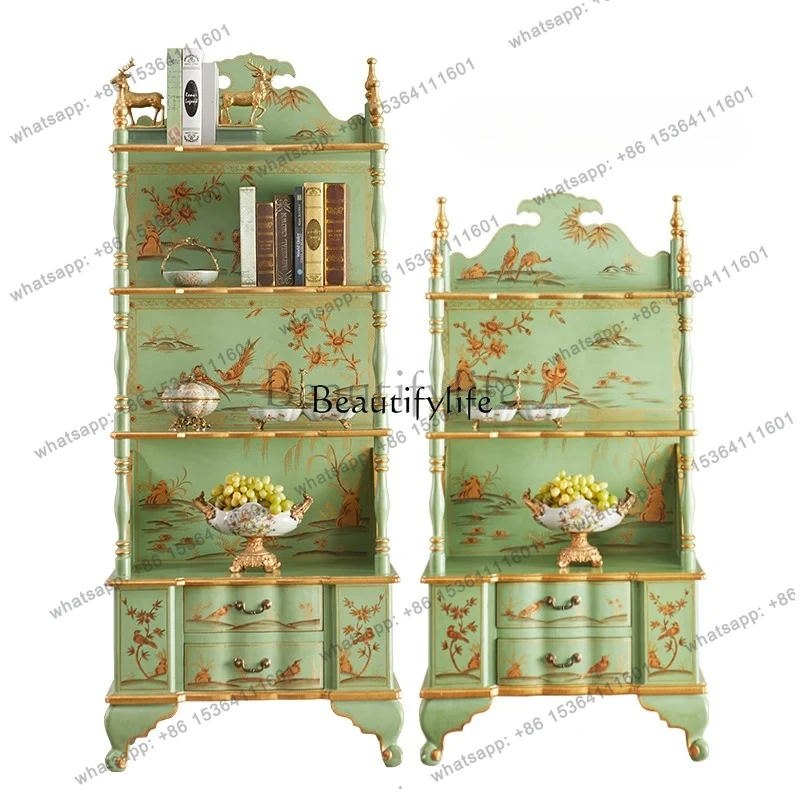 

Bookshelf Solid wood hand-painted display cabinet Vintage storage shelf Classical luxury display shelf