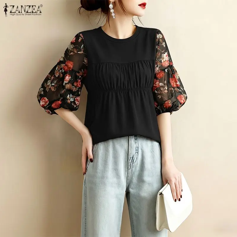

ZANZEA Women's Elegant Blouses O-Neck Floral Printed 3/4 Lantern Sleeve Patchwork Tops Summer Feminine Shirred Blusas de Mujer
