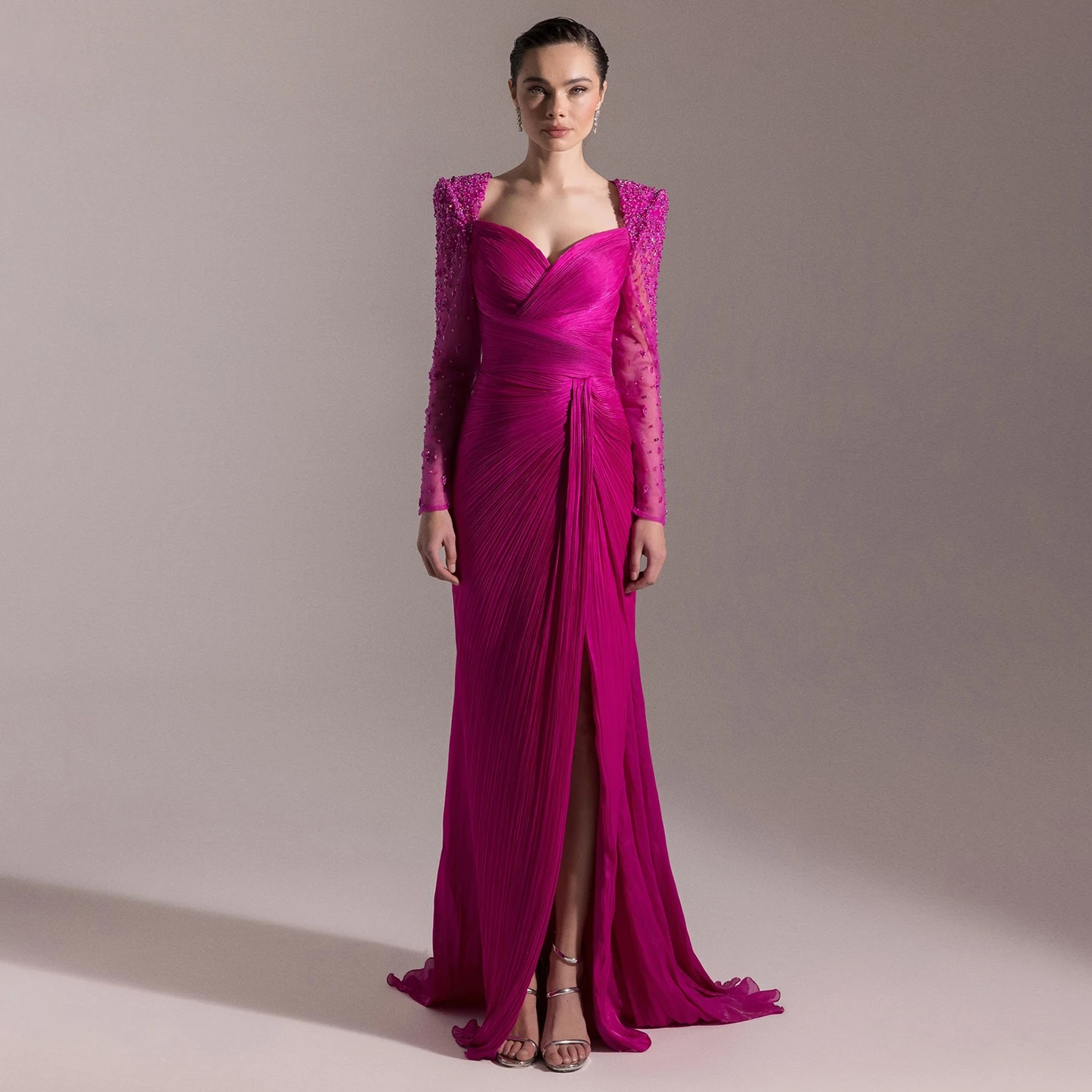 

Шарон Саид Дубай Бежевые Роскошные Вечерние Платья с Длинными Рукавами Кристалл Фуксия Женские Свадебные Платья SF409 На Заказ