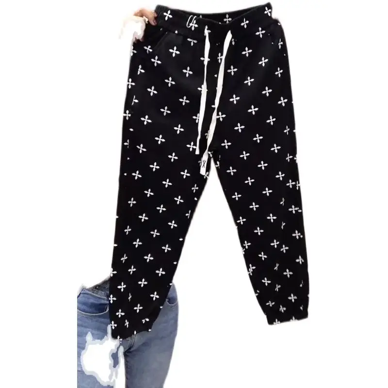 2023 Summer New Korea Fashion Women Elastic Waist Cotton Loose Ankle-length Pants All-matched Casual Print Harem Pants C933