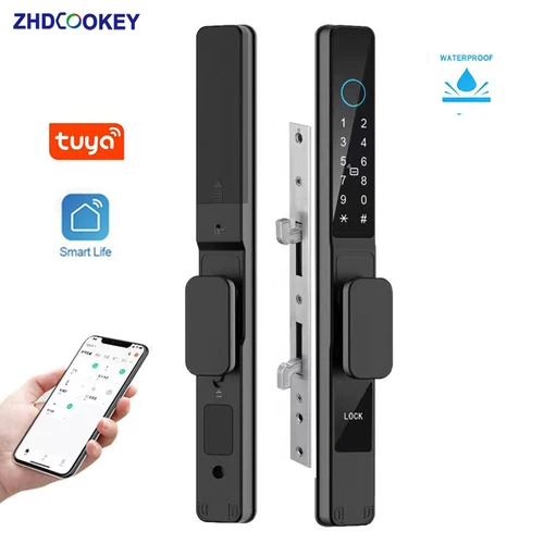 Tuya Wifi APP impermeable cerradura inteligente con huella dactilar tarjeta de contraseña cerradura de puerta corredera de aluminio para puerta corredera de empuje al aire libre