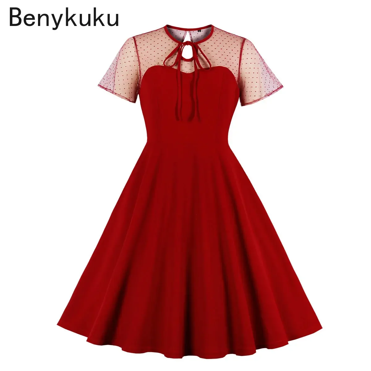 

Mesh Polka Dot Patchwork Vintage Red Dresses Summer Short Sleeve Retro Swing Dress for Women Elegant Party Wear Robe Femme