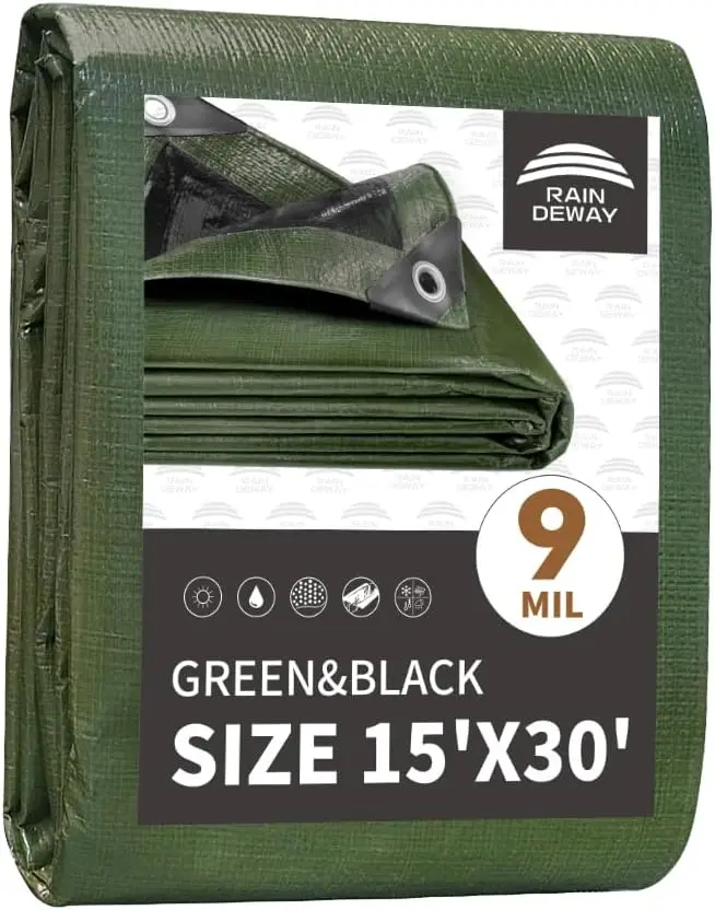 

15x30 FT Waterproof Heavy Duty Tarp, 9 Mil Thick, UV Resistant, Reinforced Edges with Metal Grommets, Green/Black