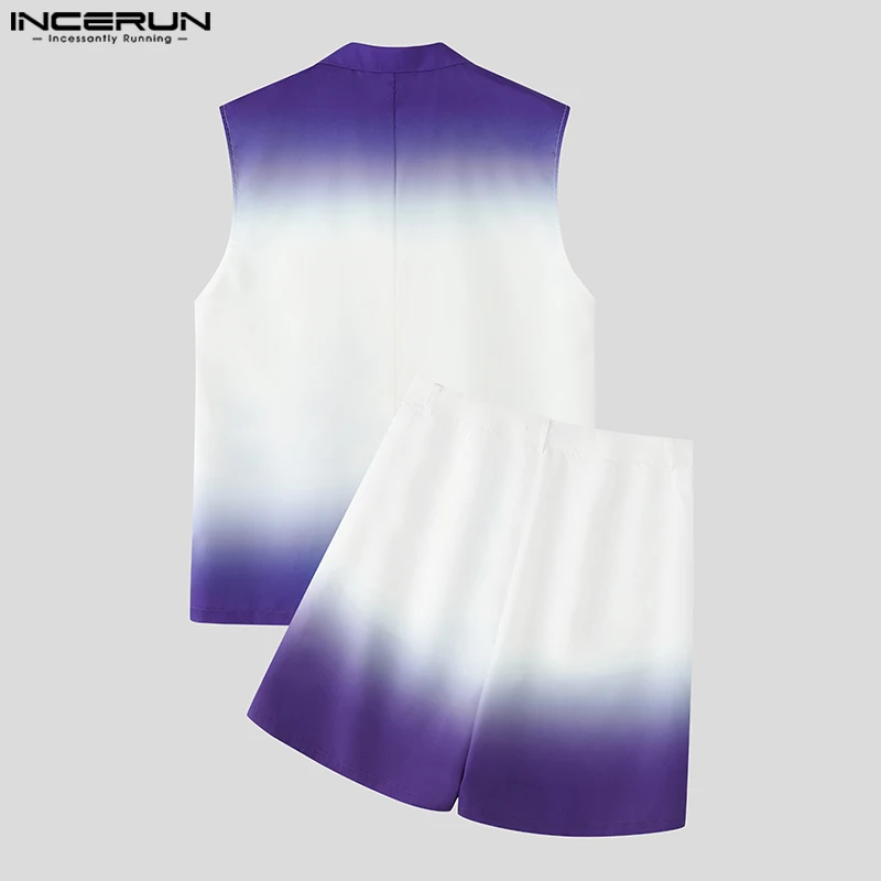 INCERUN Men Sets Tie Dye Gradient Lapel Vests & Shorts Two Pieces Sets Loose Streetwear 2025 Fashion Casual Men's Suits S-5XL