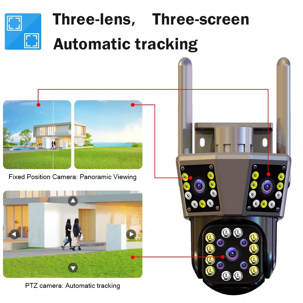 12MP 6K WIFI IP Outdoor Camera Motion Tracking PTZ 4K Video Camera Three Lens Three Screen Waterproof Security System