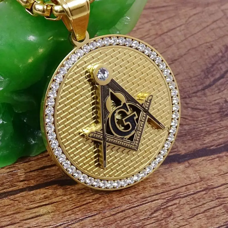 Round stainless steel men's freemason jewelry AG signet pendants past master masonic pendant necklace