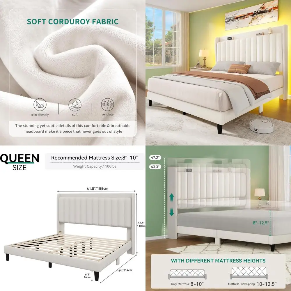 

Кровать размера Queen-size с бархатным изголовьем-крыльями, местом для хранения, регулируемым изголовьем, розеткой и USB-портами, без пружинного блока, простая сборка, бежевая