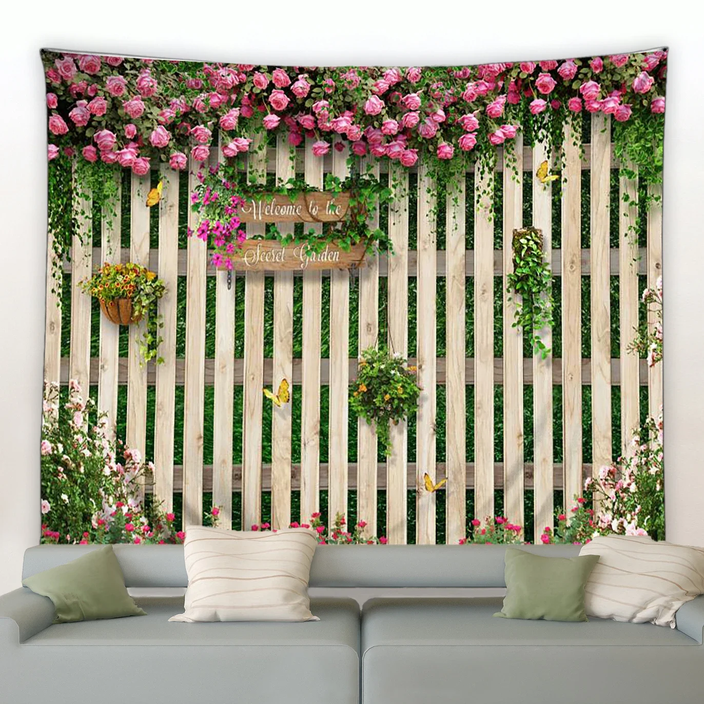 Spring Butterfly Flowers Tapestry Retro Wooden Fence Nature Pink Rose Plants Floral Wall Hanging Garden Home Decor Scenery Cloth