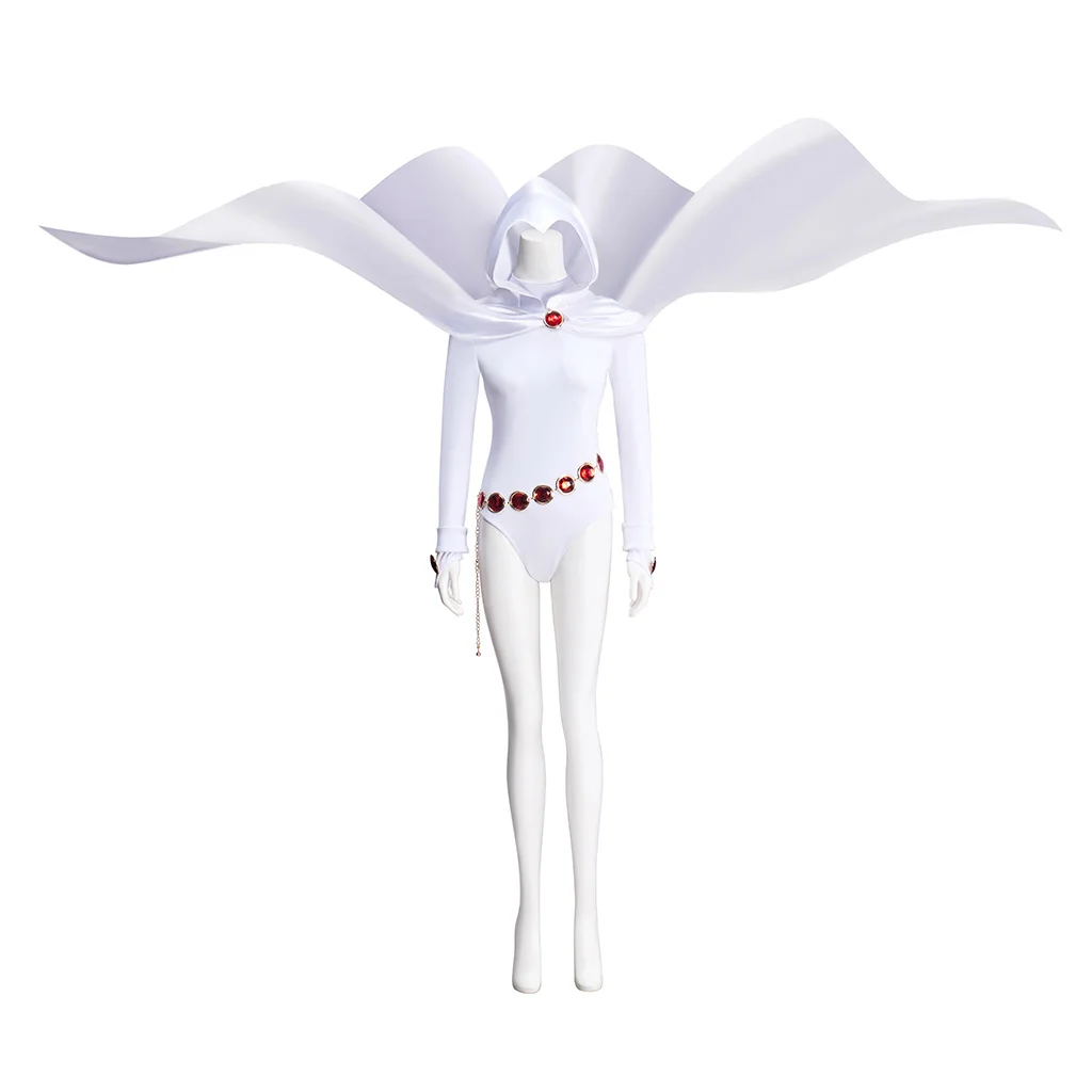 Women's Raven Cosplay Costume White Bodysuit With Cape Waist Chain Full Set Halloween Christmas Party Raven Outfits