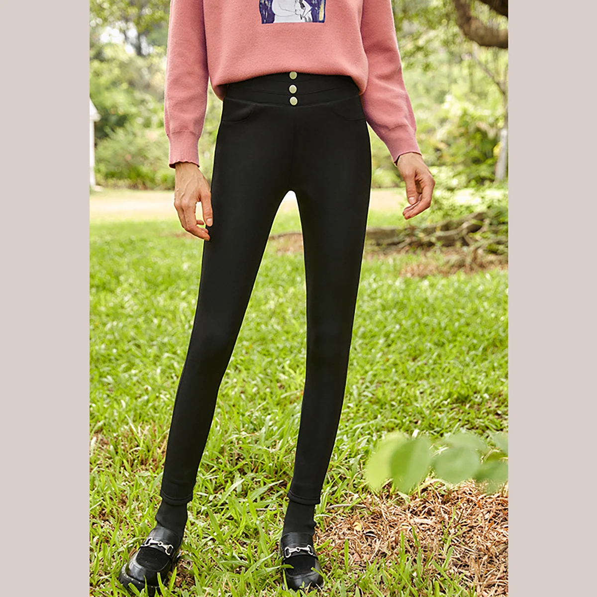OLrain Women's Black Pants 2026 Autumn Solid Slim Fit Warm Leggings High-waisted Casual Knitted Trousers Female O21DK56228