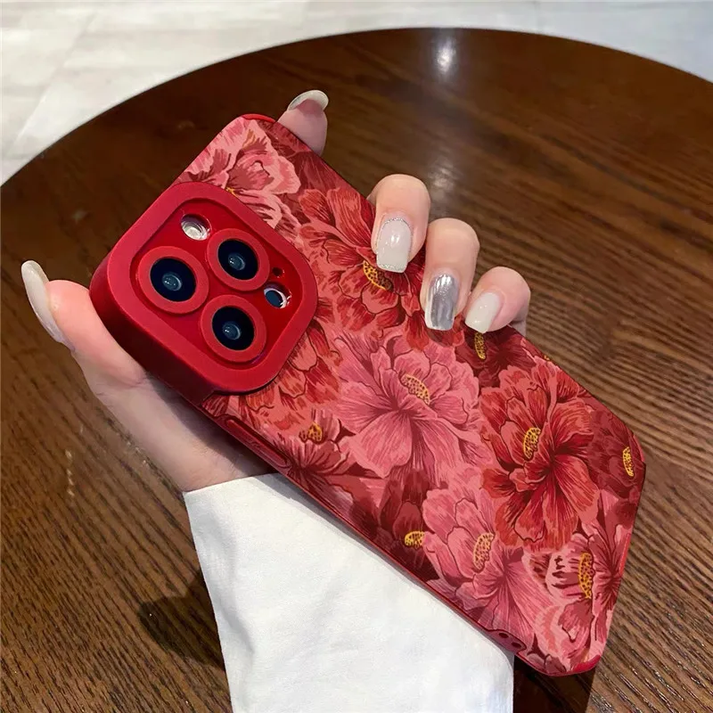 Ottwn Luxury Red Flowers Pattern Phone Case For iPhone 13 12 11 Pro Max XR XS 15 14 Plus Lens Protection Soft Bumper Back Covers