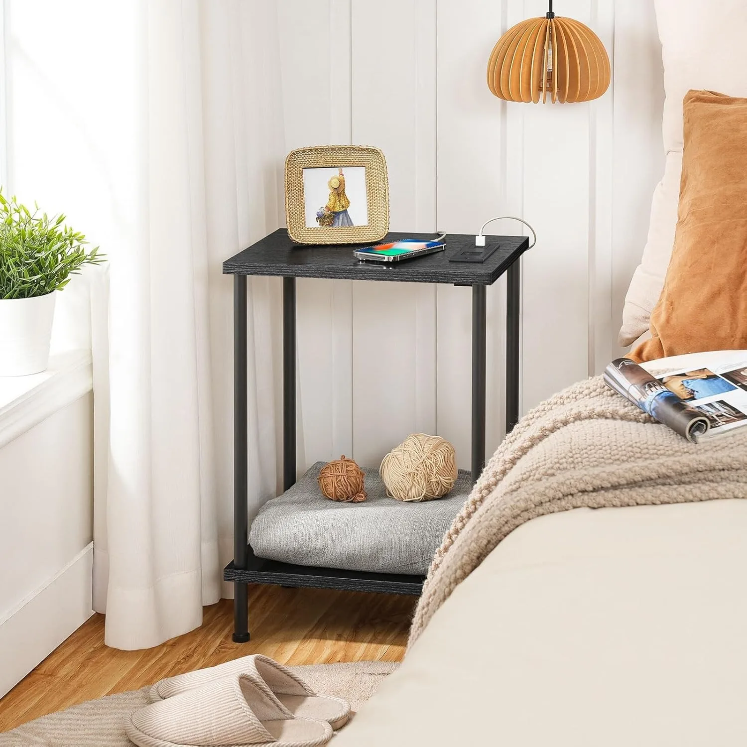 Side Table with Charging Station, End Table with USB Ports and Outlets, Nightstand with 2-Layer Storage Shelves for Small Spaces
