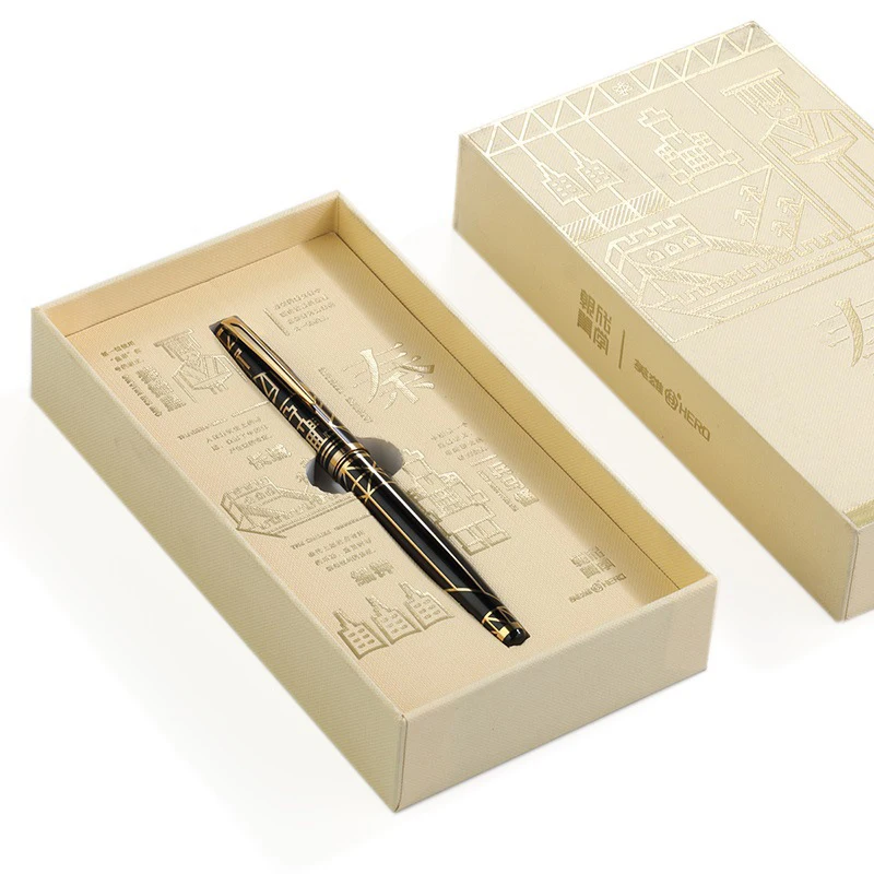 Imagem -05 - Herói 100 14k Gold Nib Totalmente Metal Dynasty Series Qin Fine Nib 0.5 mm Fountain Pen Preto Autêntico & Golden Writing Gift Set