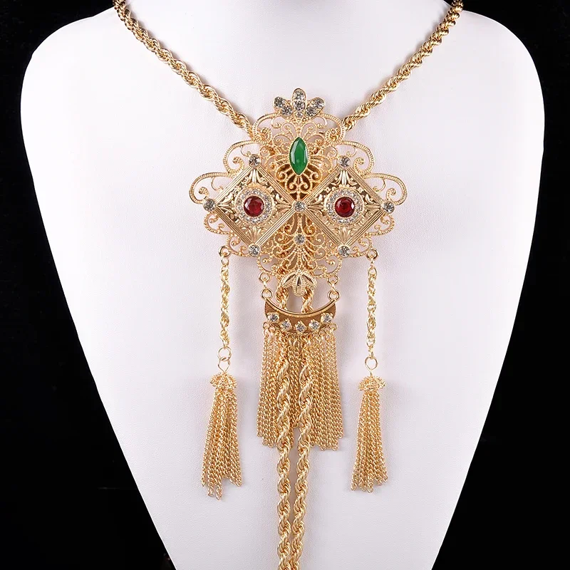 Algerian Wedding Necklace Long Chain Gold Plated Tassels Pendant with Crystals Arabic Women Shoulder Chest Jewelry