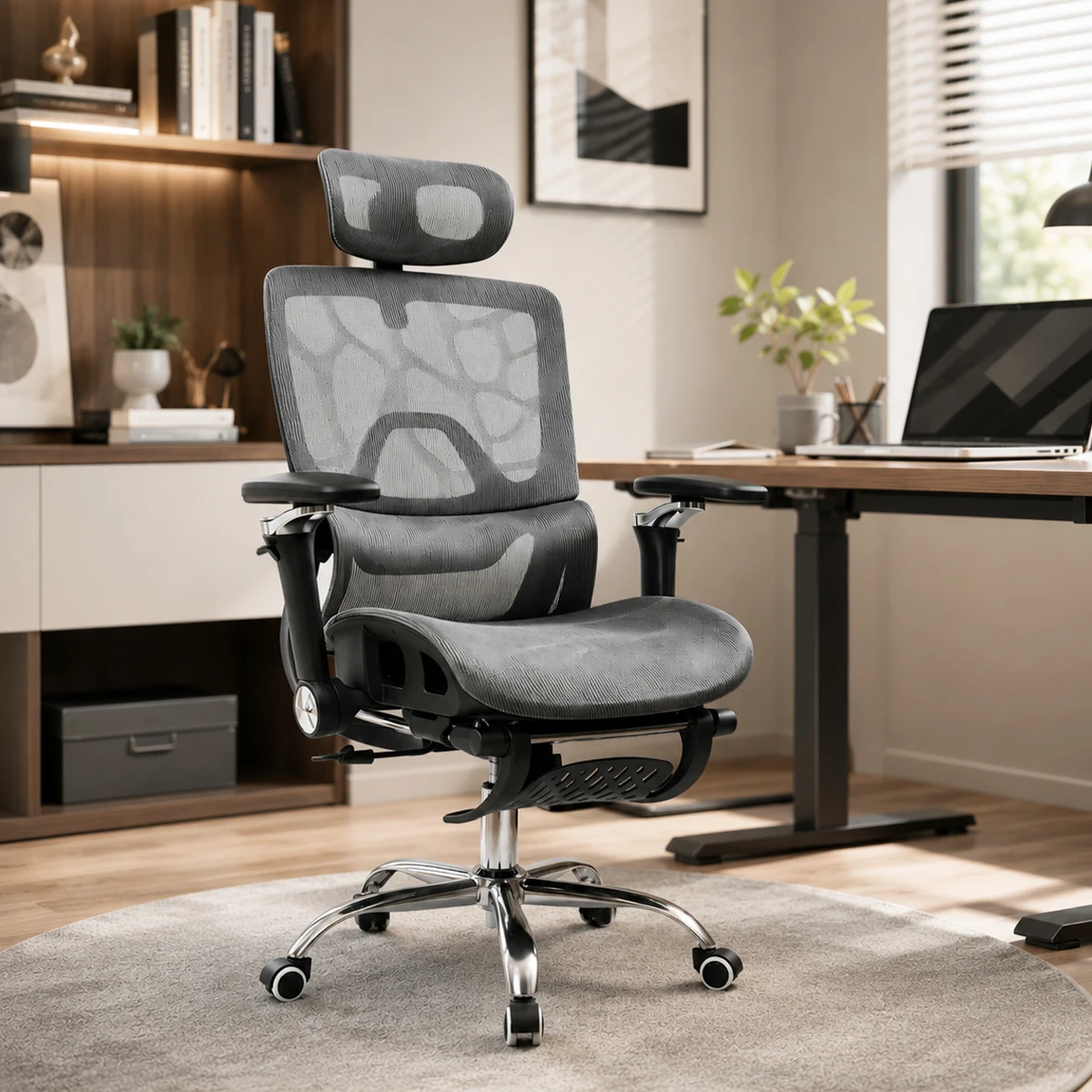 Cadeira Ergonômica para Escritório com Suporte Lombar, Encosto Alto, 90 ° -126 °   Trava de Inclinação, 360 °   Giratório, Rodas Silenciosas, Uso em E