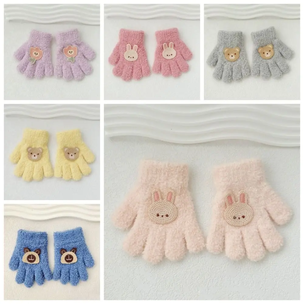 Rabbit Baby Fluffy Gloves Thicken Korean Style Flower Knitted Mittens Solid Color Full Finger Cartoon Pattern Gloves Children