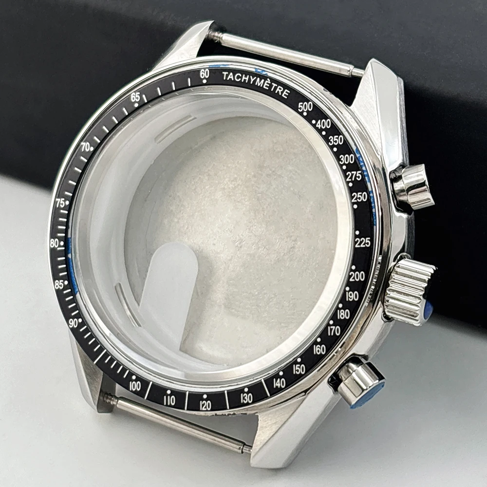 New 39.7mm Silver Moon-Phase Stainless Steel Case, Stopwatch Function, Suitable for VK63 Quartz Movement Watch Accessories