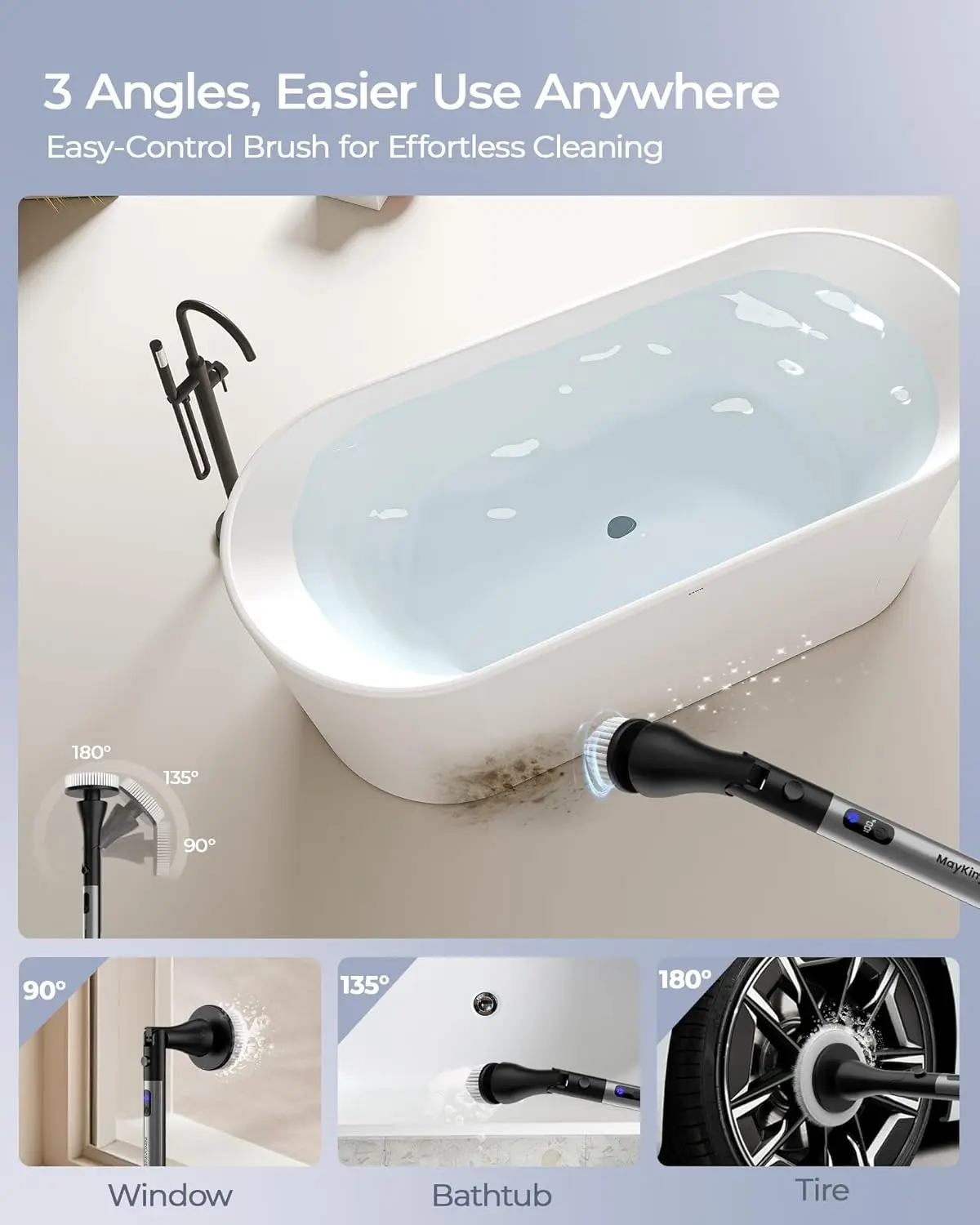 Electric Spin Scrubber with 9 Brush Heads, 3-Angle Adjustable, 3-Speed, LED Battery Display – Cordless Bathroom & Tile Cleaner