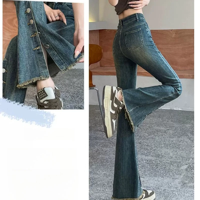 Retro Fringed Micro Flared Girls Chic Jeans with Elegant Women's Slit Multi-button Design Petite Flare Pants Figure-Flattering