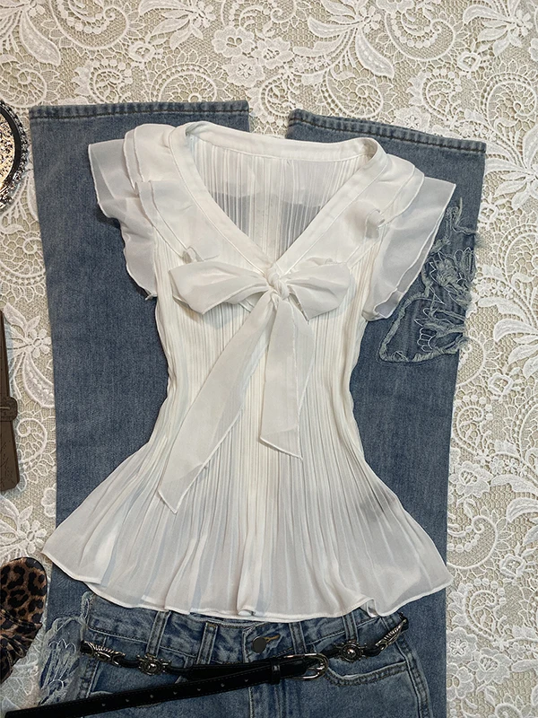 

Ele een Chiffon irt Women's Summer Vintage Sle White Enhancing Faionable Small Top Knot Regular Fit Cot...