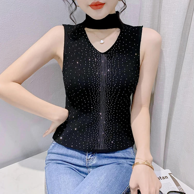 

2023 Summer European Clothes Knitted T-Shirt Chic Sexy Spliced Hollow Out Diamonds Women Tops Sleeveless Slim Casual Tees 34118