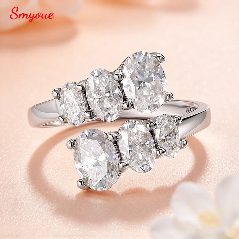 Smyoue Oval 6 Stone Moissanite Engagement Ring for Women Pure 925 Silver D VVS1 Certified Pass Diamond Tester Women Promise Band