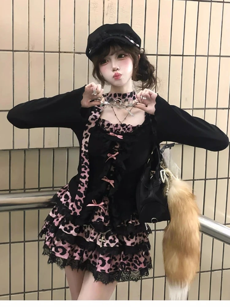 

Harajuku long sleeve Sweet Leopard Slim Kawaii 2 Piece Sets Y2k Leopard Patchwork Top + Puff Cake mini Skirt 2000s Vintage Suits