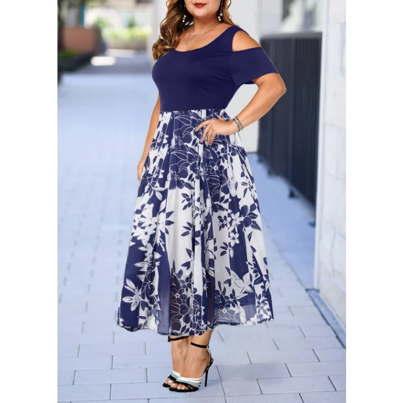 L-5XL Plus Size Dresses for Women 2023 Summer Hollow Short Sleeve Patchwork Fashion Printing Elegant Casual Long Dress Wholesale