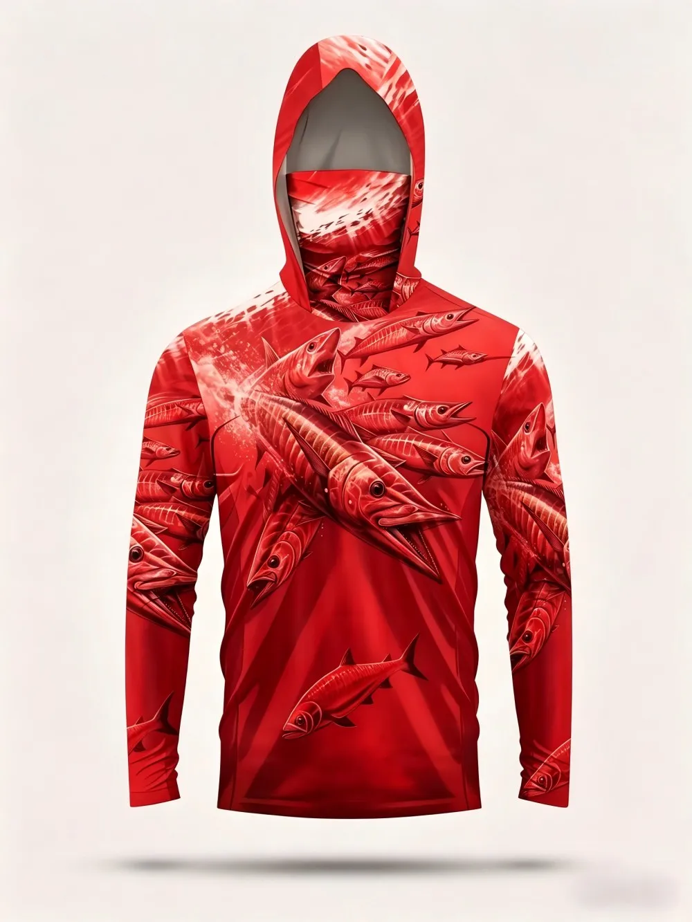Men's summer fashion fish school print comfortable breathable hooded fishing suit long sleeved T-shirt outdoor casual top view 2