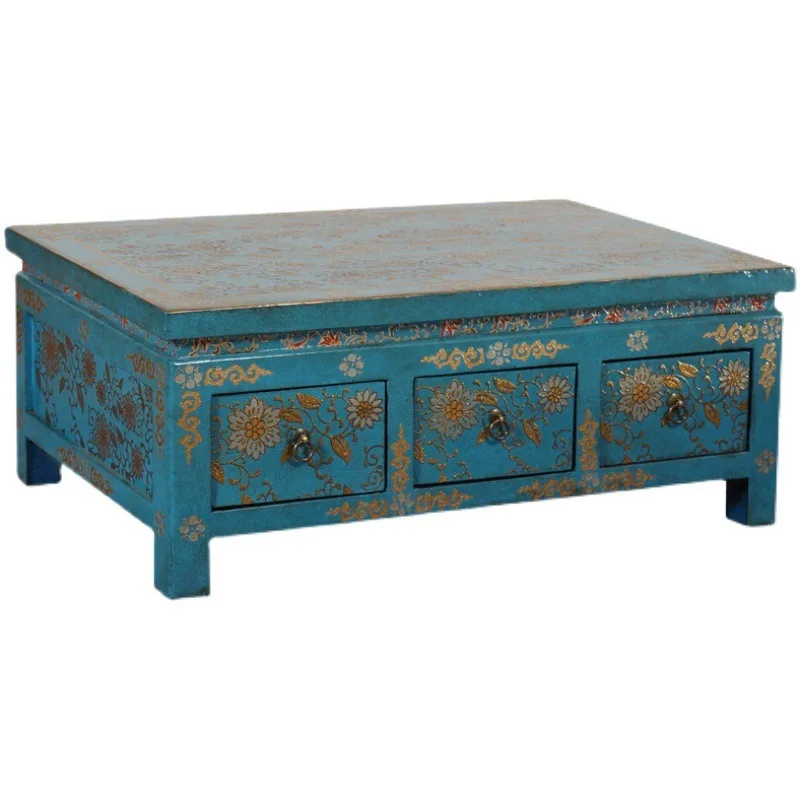 Tibetan painted coffee table, Zhuo square solid wood sofa tea table storage retro antique living room ethnic style hand-painted