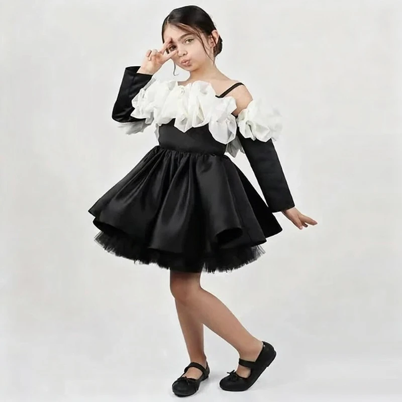 Children Long Sleeve Puffy Dress for Girls Black Spaghetti Strap Princess Gown Host Piano Performance Party Pageant Kids Costume