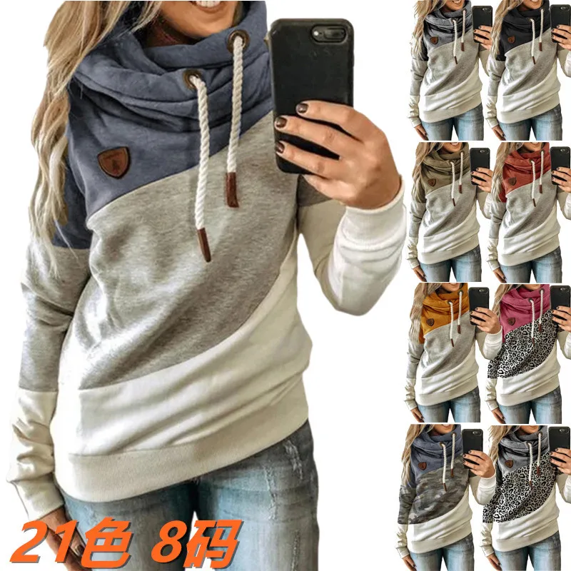 Turtleneck Patchwork Hoodies Women Casual Fashion Long Sleeve Leopard Printed Hooded Sweatshirts Female Winter Warm Pullovers