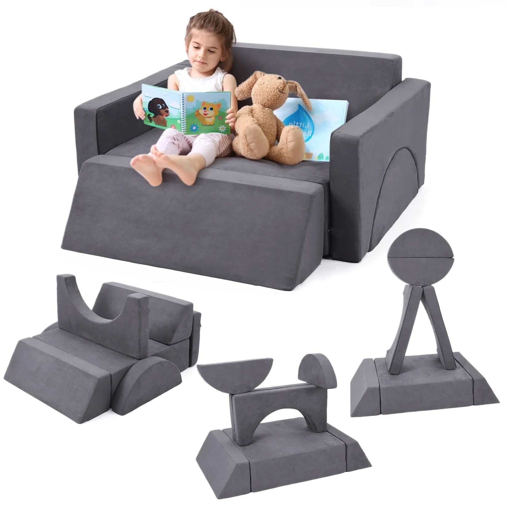 

7Pcs Kids Play Couch, Modular Kids Sofa Toddler Couch, Multifunctional Play Couch Convertible Sofa Play Set for Playroom Nursery