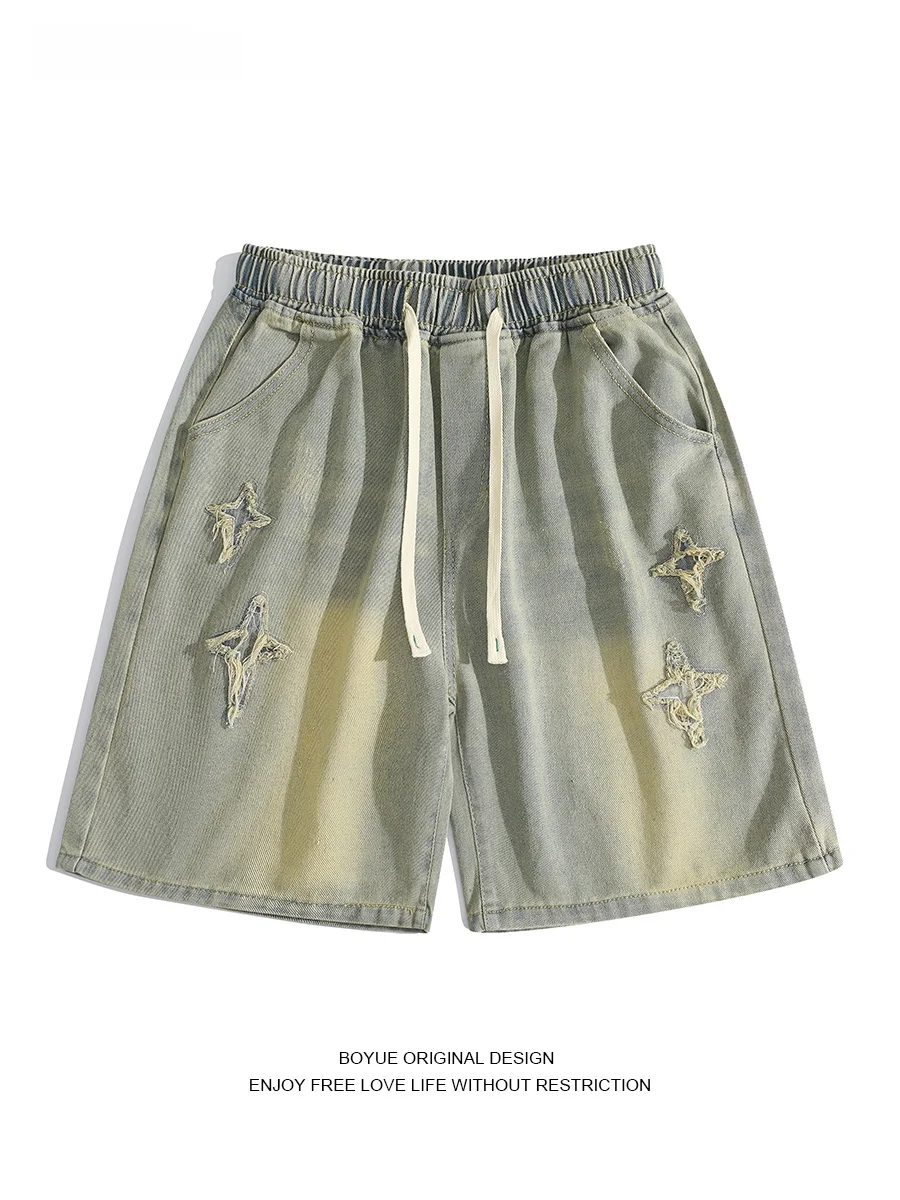 

Boyue Summer New Cross Stitch Denim orts High Street Dstring Trendy Boys Five-Quarter Pants Men's Casual Loose Straight ...