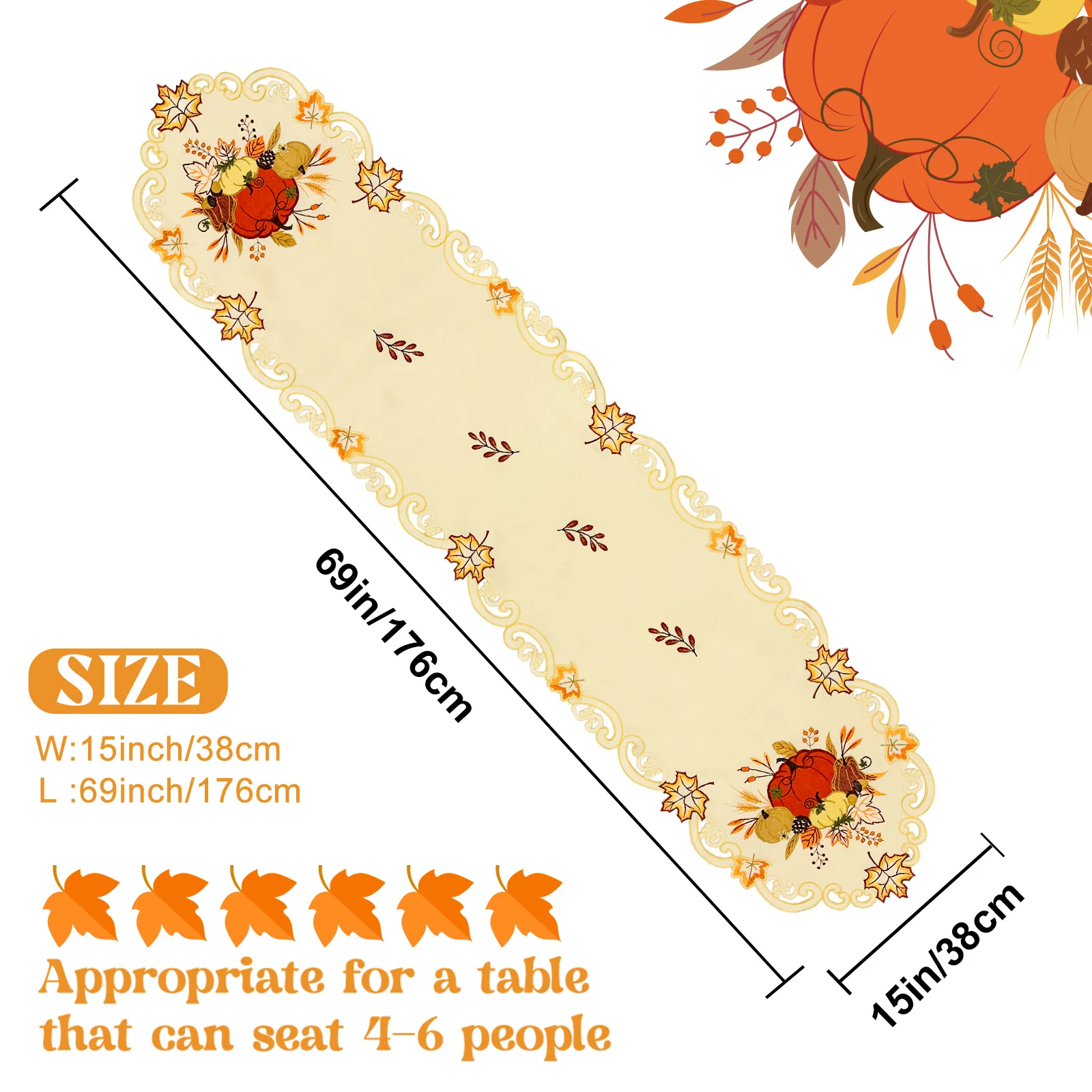 Fall Table Runner 13 x 72 Inch, Pumpkin Fall Harvest Thanksgiving Table Runner Holiday Restauining Room Kitchen Table Party Deco