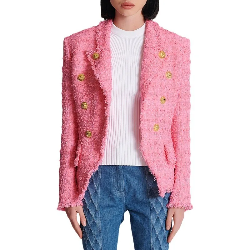 Classic Lion Head Gold Buttons New in Outwear Ladies nappa-cut blazer dimagranti in Tweed donna maniche lunghe giacche rosa donna