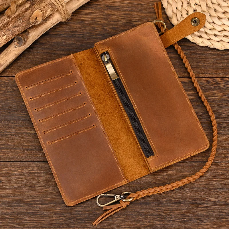 Vintage Crazy Horse leather men long wallet Hasp Open large capacity zipper coin purse genuine leather chain clutch men wallets