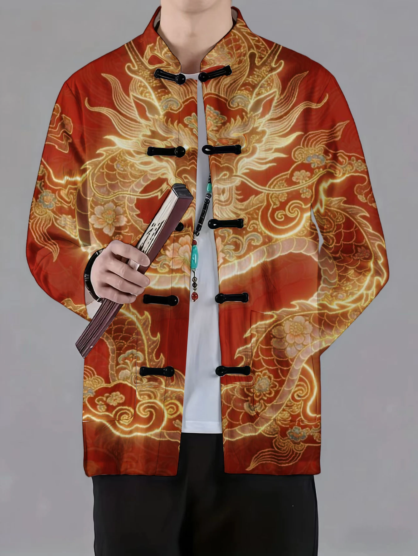 Men Men Mandarin Collar Frog Button Long Sleeve Jacket Golden Dragon Plum Blossom Ancient Building Oriental Art Print Traditional - Aliexpress Deal