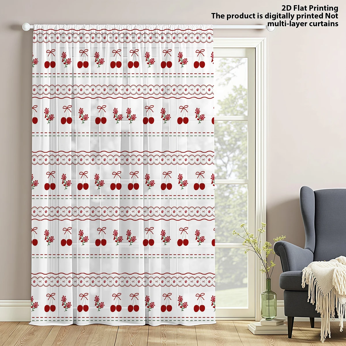 1PC Cherry Sweet Weave Sheer Curtain-Cherry & Bow Stripe Pole-Mounted Curtain Fresh Atmosphere Decorative Sheer Curtain