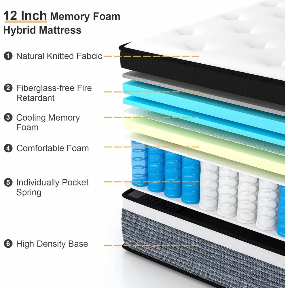 Ssecretland 개별 포장 코일 이너스프링 매트리스, CertiPUR-US 인증, 포켓 용수철 하이브리드 매트리스, 12 인치