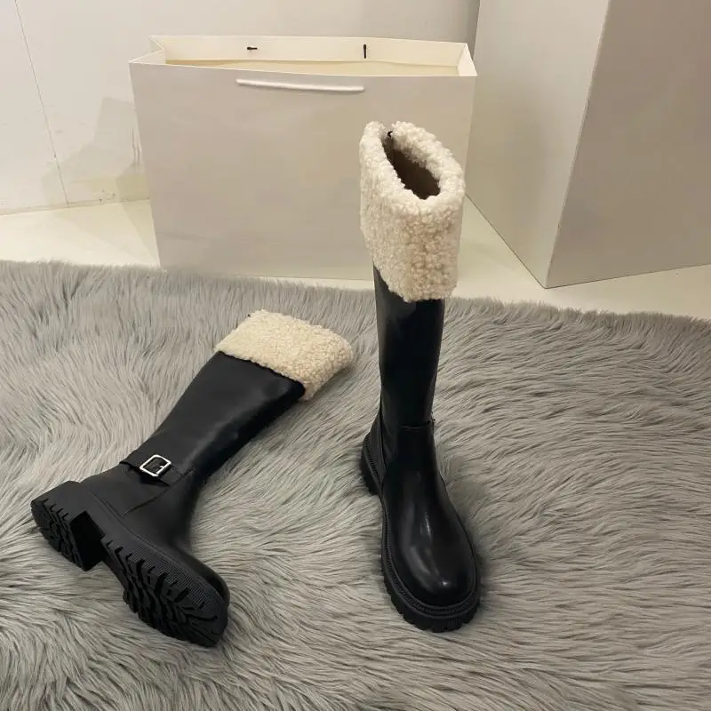 Platform Shoes Women High Boots with Fur Warm Leather Winter Boots 2021 British Fashion Long Motorcycle Botas Zapatos De Mujer