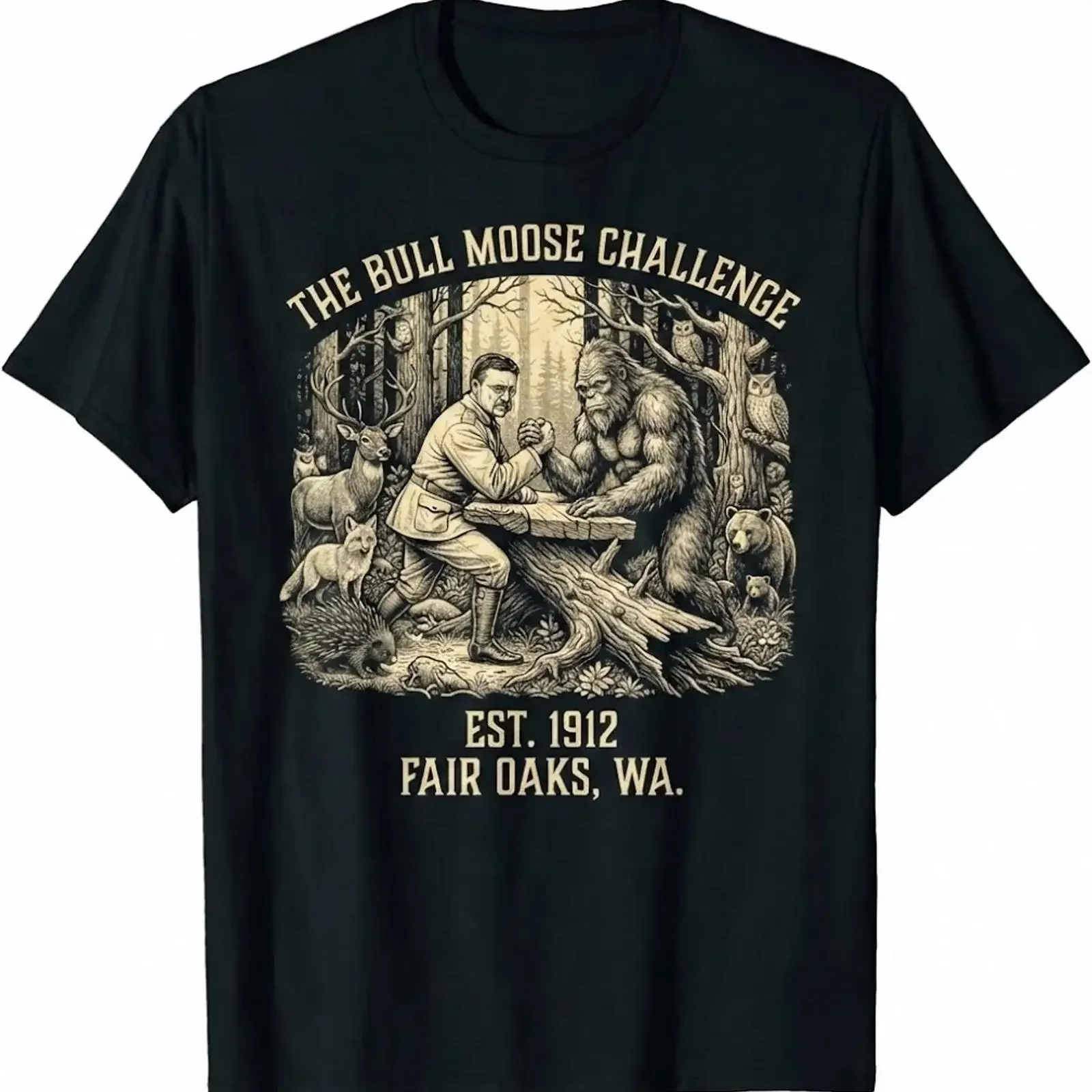 Vintage The Bull Moose Challenge T Shirt Teddy Roosevelt Vs Bigfoot  vintage Washed Stylish Slightly graphic Versatile Unisex