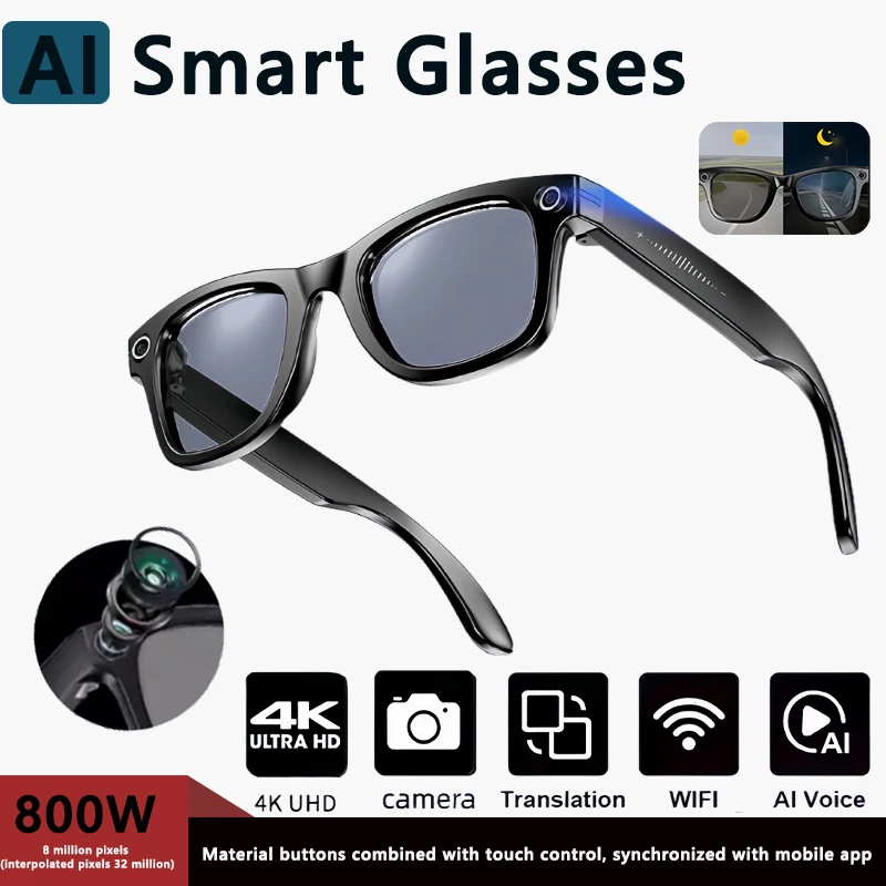 4K Ultra HD AI Glasses Men Chat IP65 Waterproof Voice Assistant AI Transmission 800W Camera Bluetooth Call Smart SunglassesWomen