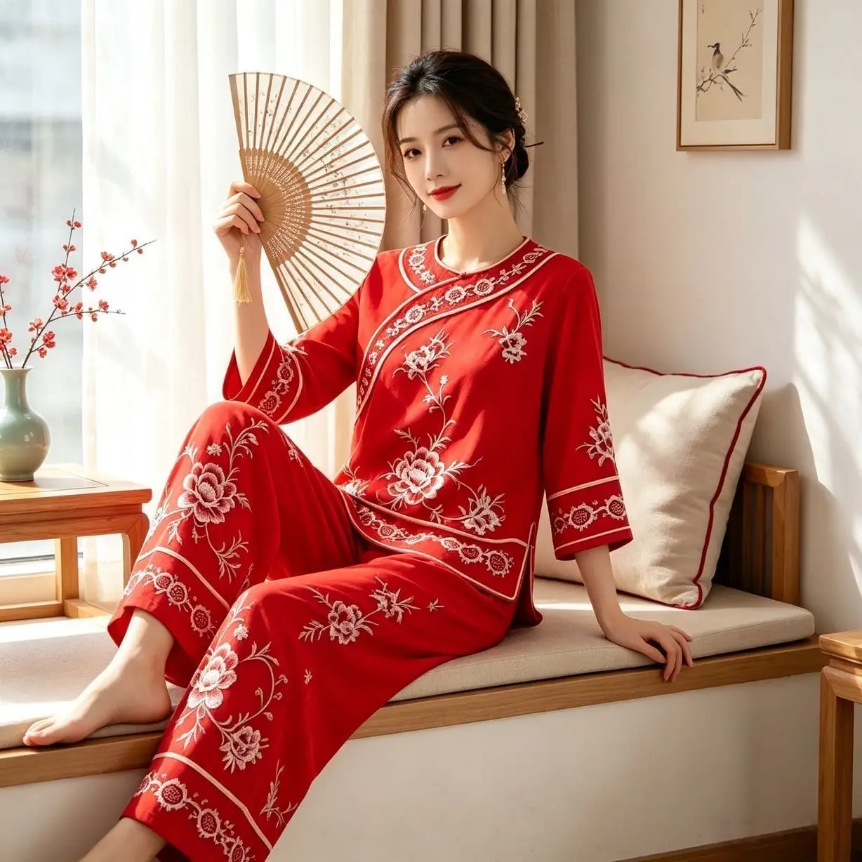 Women's Chinese Style Embroidered 2 Piece Set 3/4 Sleeve Tops & Ankle Length Pants Loungewear Pajamas Floral Satin Spring Autumn