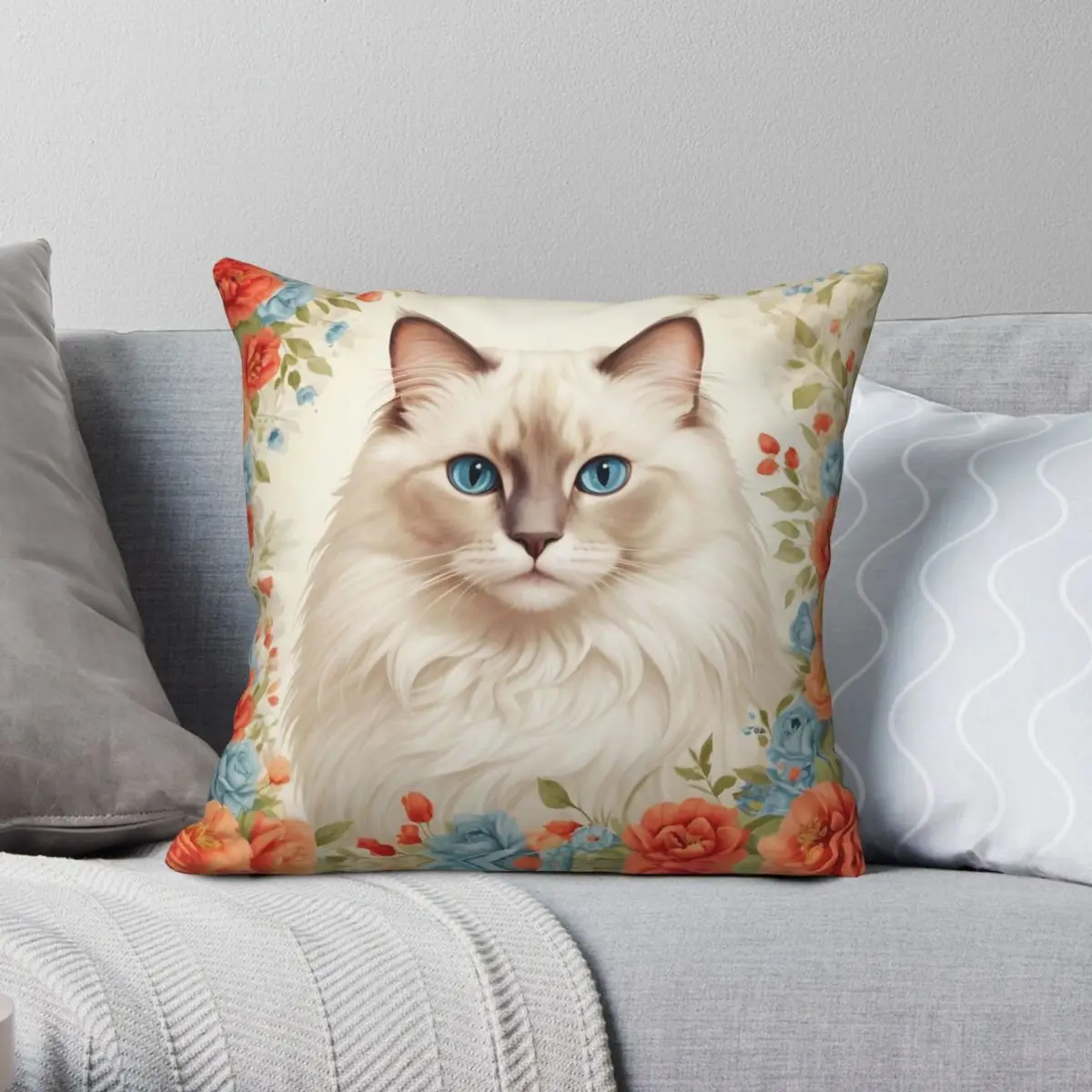 Ragdoll Cat Flower Pillowcase Polyester Linen Velvet Printed Zip Decorative Throw Pillow Case Home Cushion Cover 18