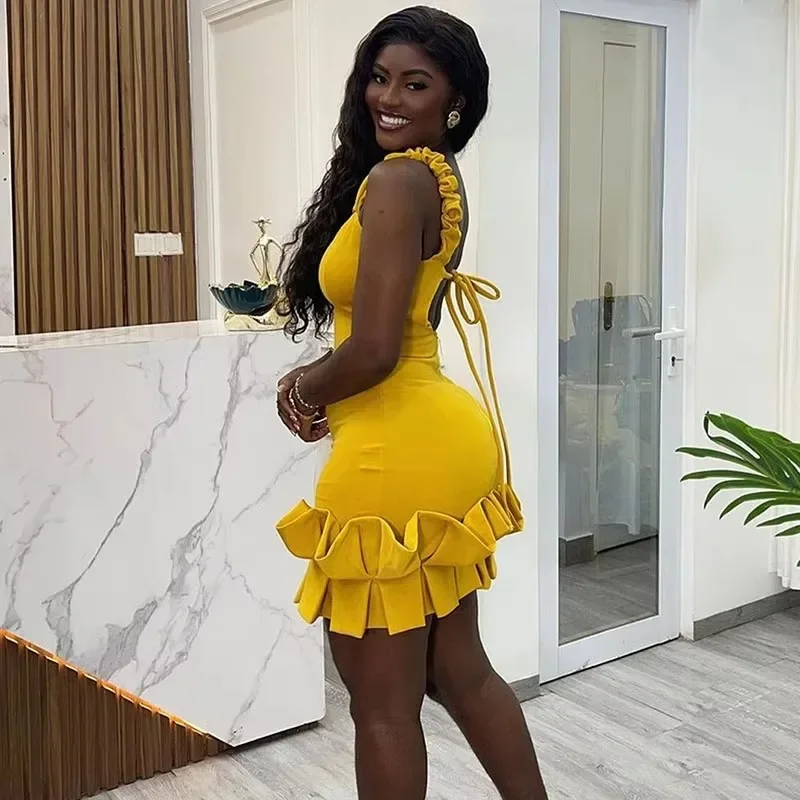 Sexy Spaghetti Strap V-neck Party Mini Dresses Woman Night Club Sleeveless Sheath Backless Ruffles Hem Bodycon Dress Birthday