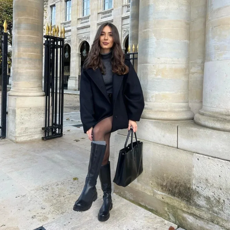

Women's Fashion Loose Wool Coat Solid Color Long Bat Sleeve Lapel Button Down Warm Outwear