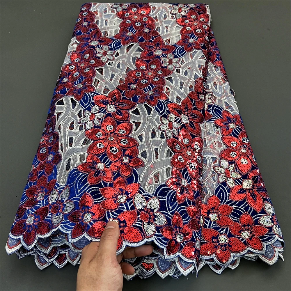 2024 Latest High Quality African Nigerian With Tulle Sewing Lace Fabric Guipure Embroidery Dresses Sequins 5Yards PS0032